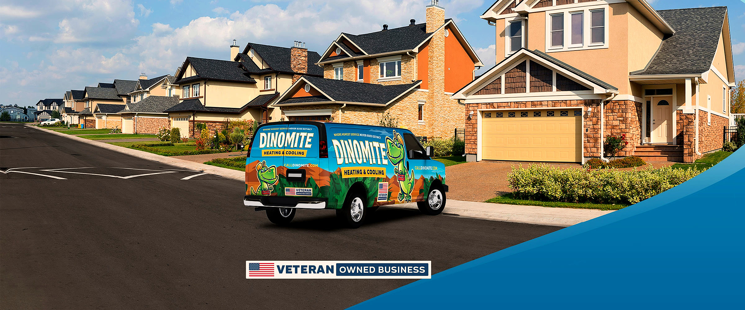 The Dinomite Heating and Cooling van parked in a Piedmont Triad neighborhood