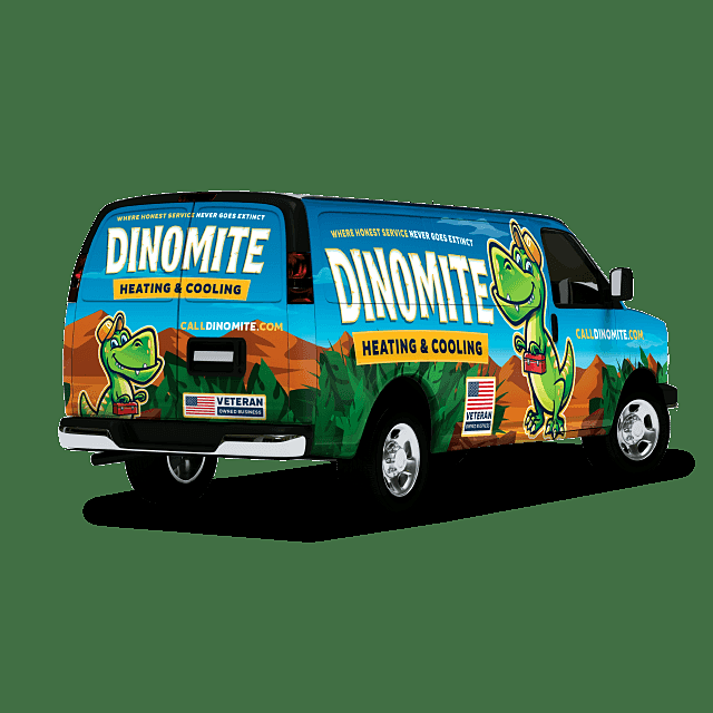 The Dinomite Heating and Cooling wrapped service van